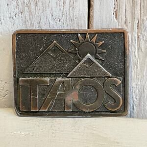 Adez 1975 Taos New Mexico Belt Buckle Aztec Sun Mountains Vintage NO LOOP